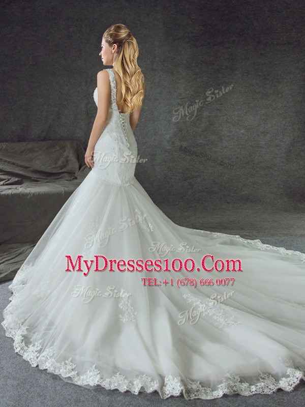 Attractive Mermaid White Lace Up Scoop Lace and Appliques Wedding Dress Tulle Sleeveless Court Train