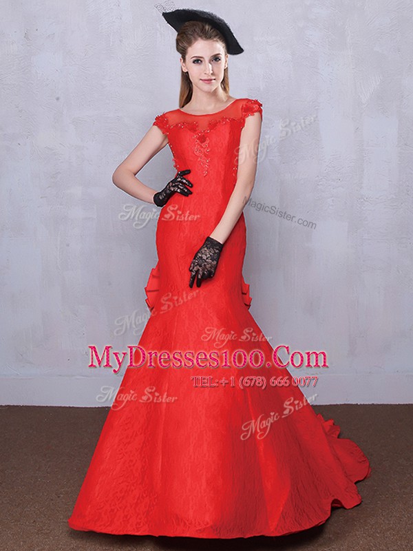 Mermaid Red Taffeta and Lace Zipper Scoop Short Sleeves Wedding Dresses Brush Train Lace and Bowknot and Pleated