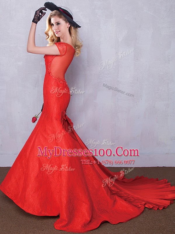 Mermaid Red Taffeta and Lace Zipper Scoop Short Sleeves Wedding Dresses Brush Train Lace and Bowknot and Pleated