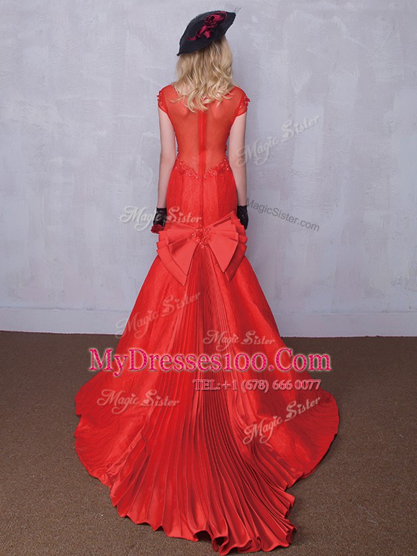 Mermaid Red Taffeta and Lace Zipper Scoop Short Sleeves Wedding Dresses Brush Train Lace and Bowknot and Pleated