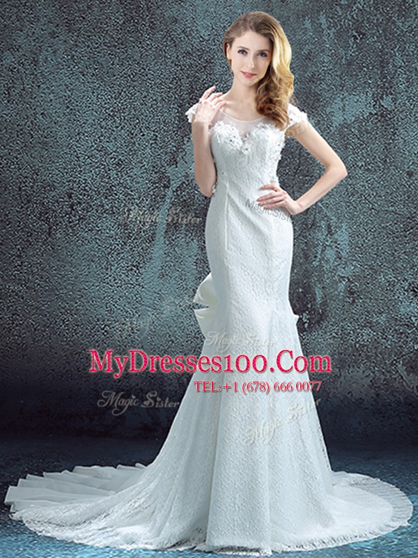 Mermaid Scoop Short Sleeves Chiffon and Lace With Brush Train Zipper Bridal Gown in White with Lace and Bowknot and Pleated