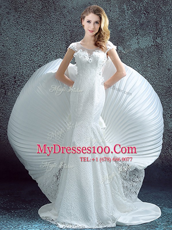 Mermaid Scoop Short Sleeves Chiffon and Lace With Brush Train Zipper Bridal Gown in White with Lace and Bowknot and Pleated