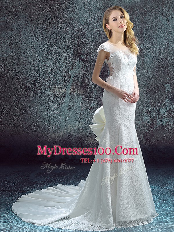 Mermaid Scoop Short Sleeves Chiffon and Lace With Brush Train Zipper Bridal Gown in White with Lace and Bowknot and Pleated