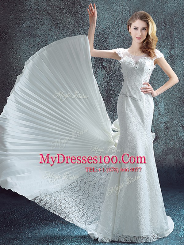 Mermaid Scoop Short Sleeves Chiffon and Lace With Brush Train Zipper Bridal Gown in White with Lace and Bowknot and Pleated