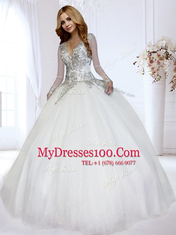 Long Sleeves Tulle Floor Length Backless Bridal Gown in White with Beading