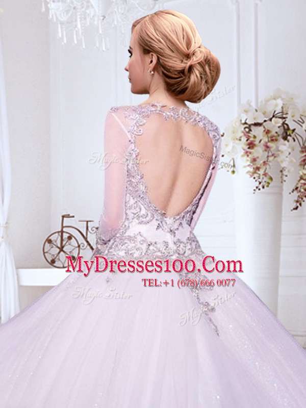 Long Sleeves Tulle Floor Length Backless Bridal Gown in White with Beading