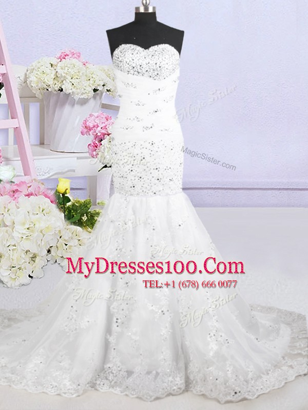 Mermaid Sleeveless With Train Beading and Lace and Appliques Lace Up Wedding Dresses with White Brush Train