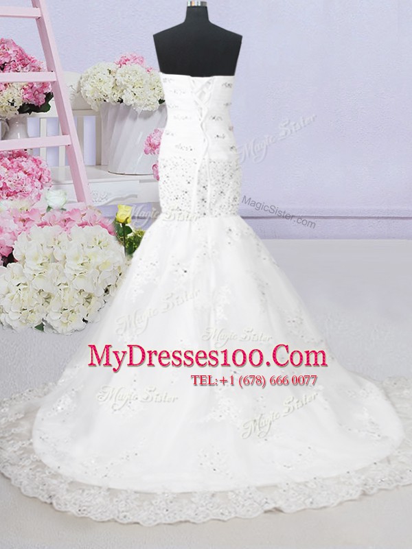 Mermaid Sleeveless With Train Beading and Lace and Appliques Lace Up Wedding Dresses with White Brush Train