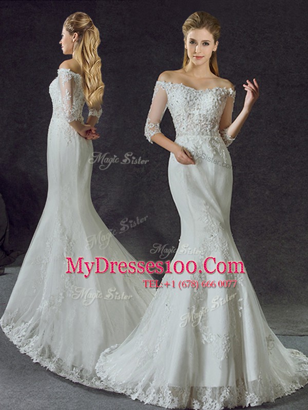Mermaid Off the Shoulder Half Sleeves Brush Train Lace and Appliques Lace Up Wedding Gowns