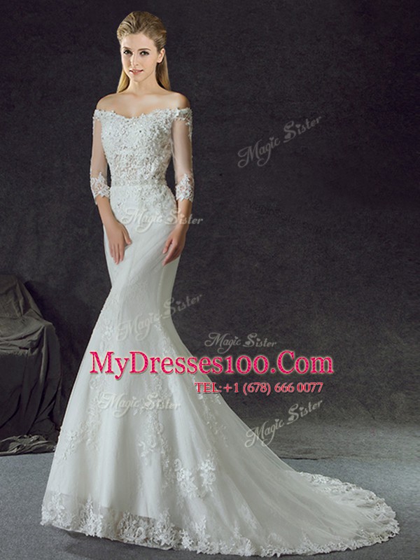 Mermaid Off the Shoulder Half Sleeves Brush Train Lace and Appliques Lace Up Wedding Gowns