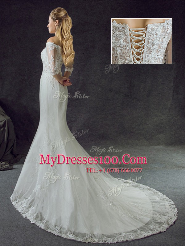 Mermaid Off the Shoulder Half Sleeves Brush Train Lace and Appliques Lace Up Wedding Gowns