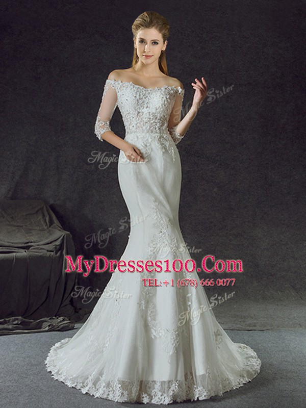 Mermaid Off the Shoulder Half Sleeves Brush Train Lace and Appliques Lace Up Wedding Gowns