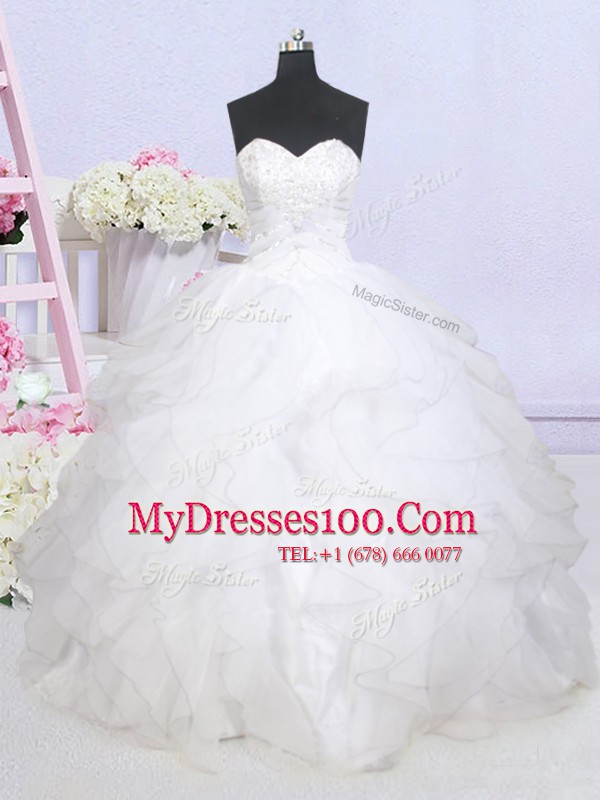 Custom Made Ruffled Sweetheart Sleeveless Brush Train Lace Up Wedding Dress White Organza