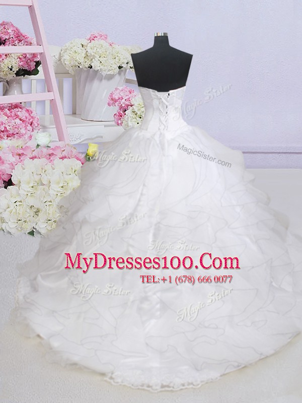 Custom Made Ruffled Sweetheart Sleeveless Brush Train Lace Up Wedding Dress White Organza