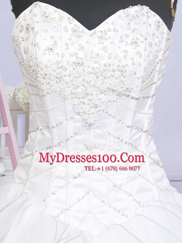 Custom Made Ruffled Sweetheart Sleeveless Brush Train Lace Up Wedding Dress White Organza