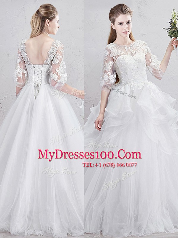 White Lace Up Scoop Lace and Ruffles Wedding Dress Tulle Half Sleeves Brush Train