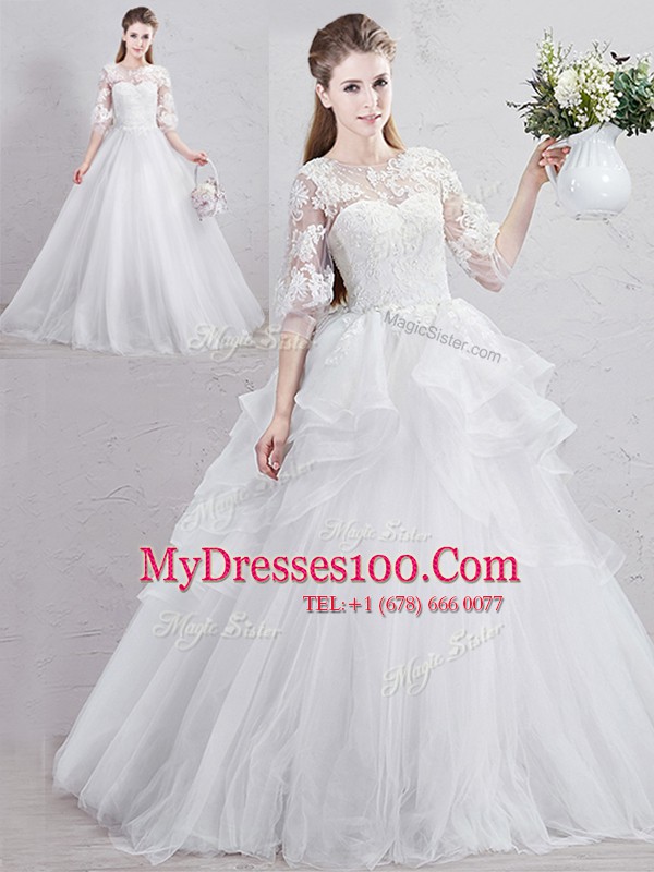 White Lace Up Scoop Lace and Ruffles Wedding Dress Tulle Half Sleeves Brush Train
