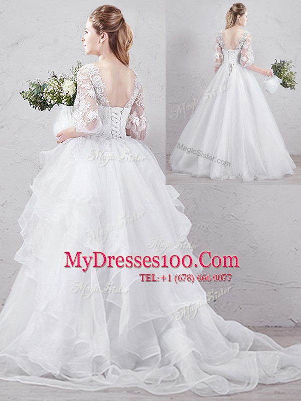 White Lace Up Scoop Lace and Ruffles Wedding Dress Tulle Half Sleeves Brush Train