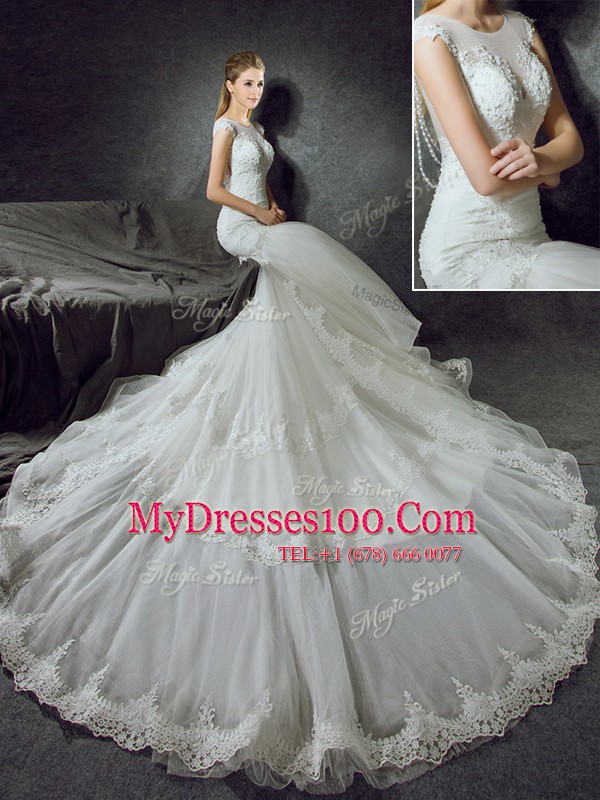 Mermaid Scoop White Sleeveless With Train Lace Side Zipper Wedding Gown