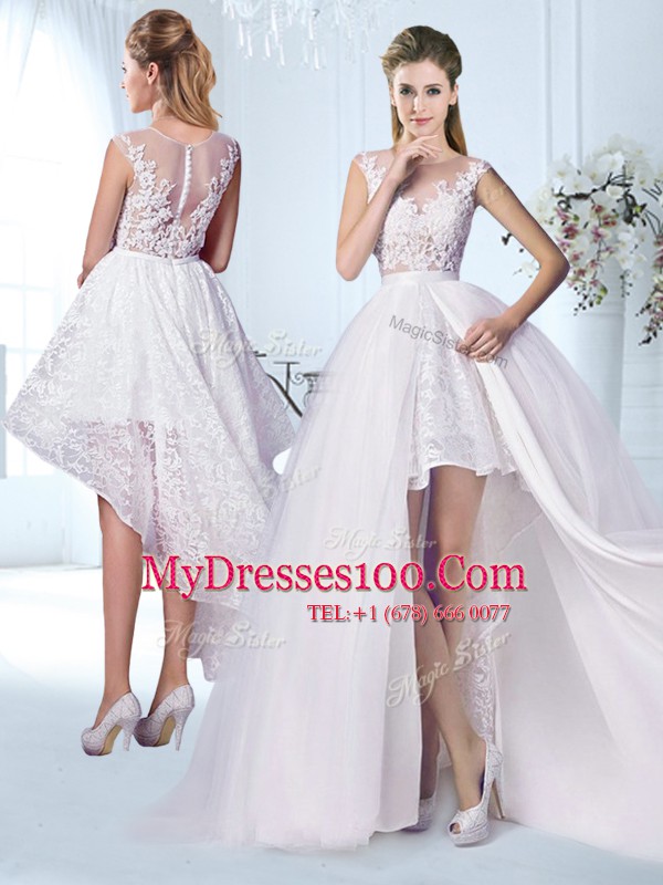Fashionable See Through White Wedding Gowns Wedding Party and For with Lace and Appliques Scoop Cap Sleeves Zipper