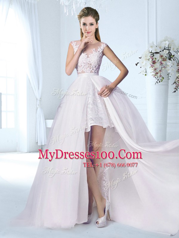 Fashionable See Through White Wedding Gowns Wedding Party and For with Lace and Appliques Scoop Cap Sleeves Zipper