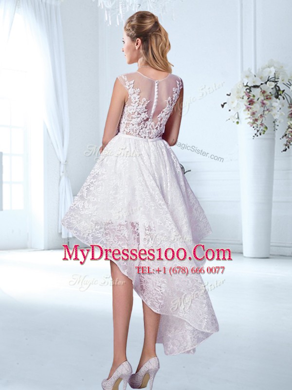 Fashionable See Through White Wedding Gowns Wedding Party and For with Lace and Appliques Scoop Cap Sleeves Zipper