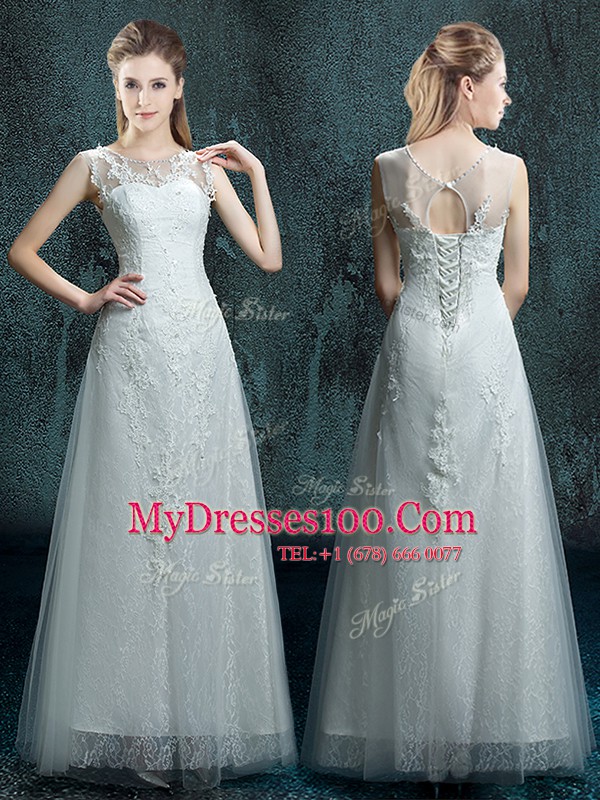 Flare White Wedding Dresses Wedding Party and For with Appliques Scoop Sleeveless Lace Up