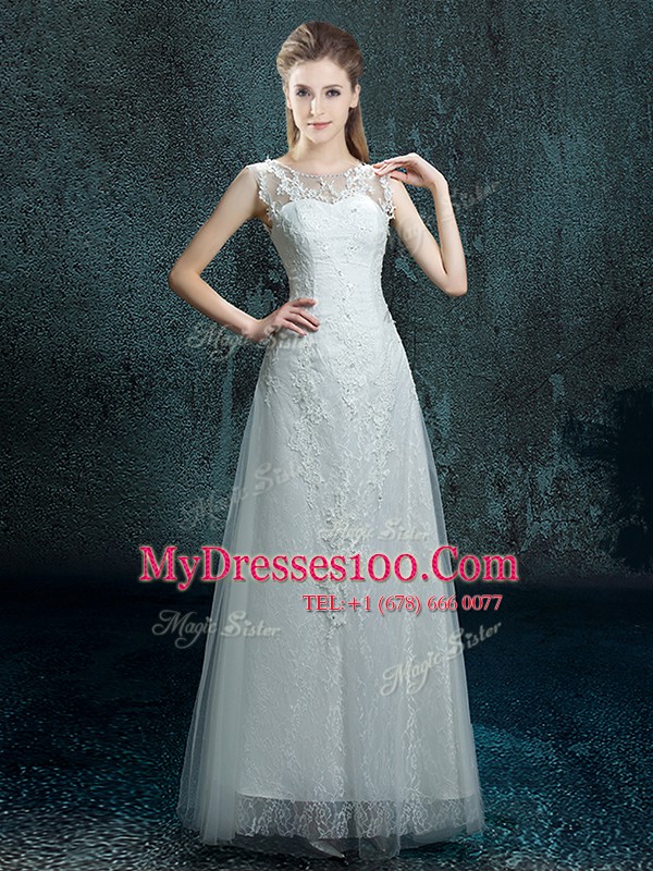 Flare White Wedding Dresses Wedding Party and For with Appliques Scoop Sleeveless Lace Up