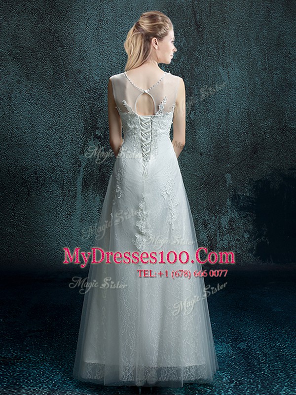Flare White Wedding Dresses Wedding Party and For with Appliques Scoop Sleeveless Lace Up