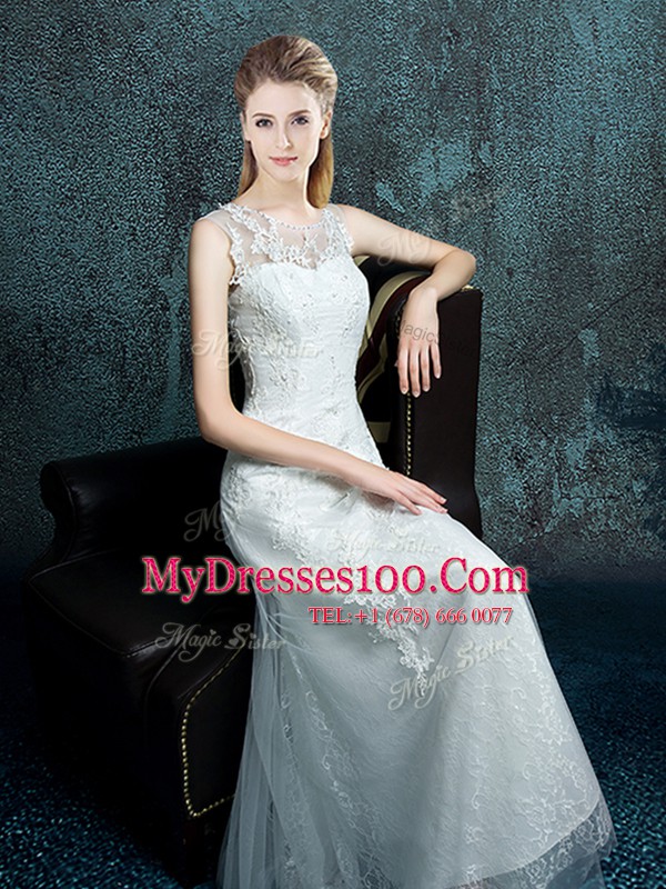 Flare White Wedding Dresses Wedding Party and For with Appliques Scoop Sleeveless Lace Up