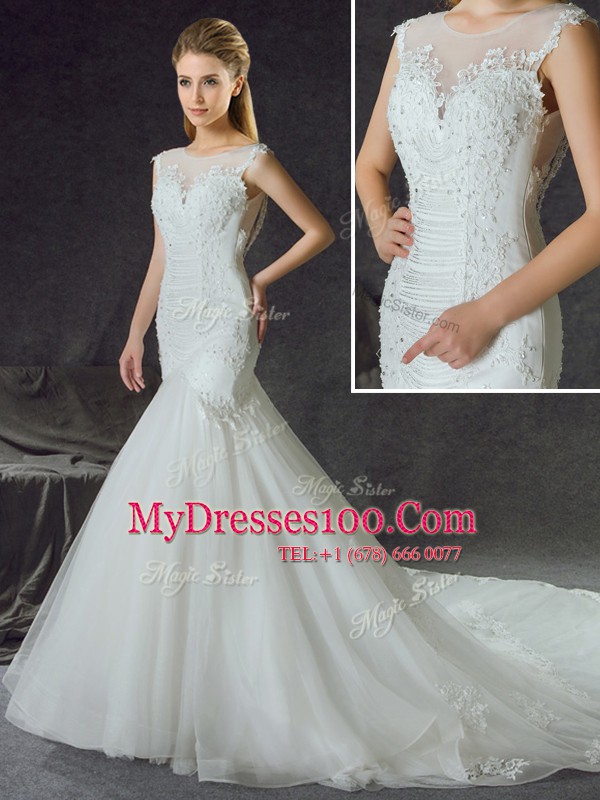 Mermaid Scoop With Train White Wedding Gown Tulle Chapel Train Sleeveless Lace and Appliques