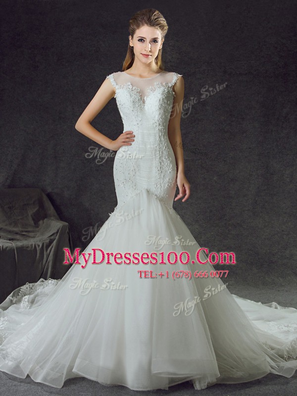 Mermaid Scoop With Train White Wedding Gown Tulle Chapel Train Sleeveless Lace and Appliques