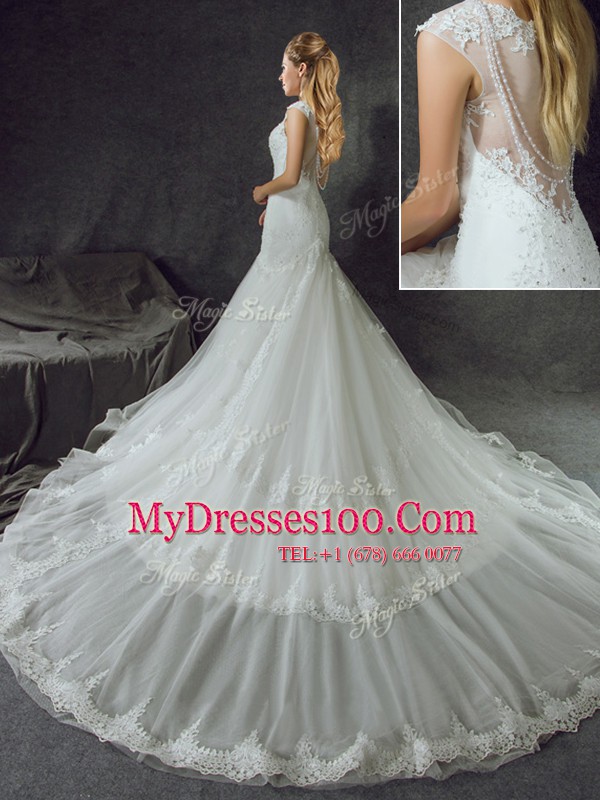 Mermaid Scoop With Train White Wedding Gown Tulle Chapel Train Sleeveless Lace and Appliques
