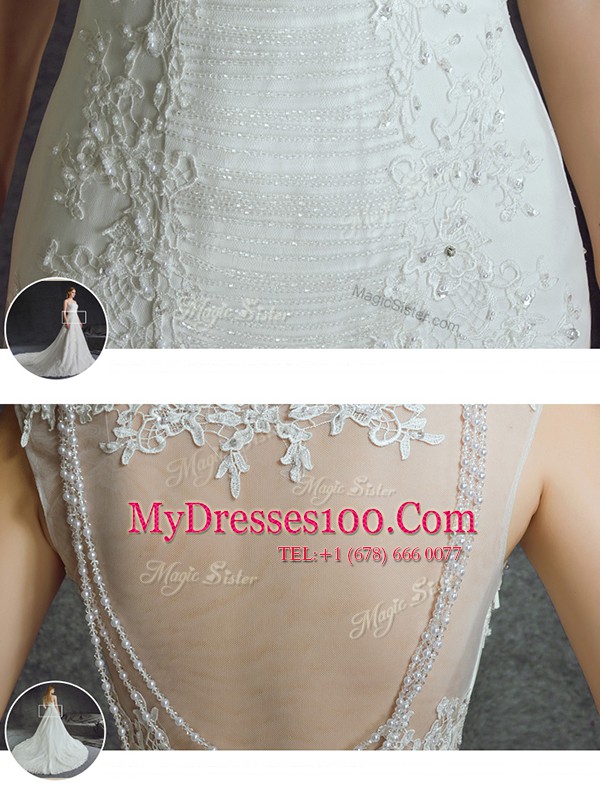 Mermaid Scoop With Train White Wedding Gown Tulle Chapel Train Sleeveless Lace and Appliques