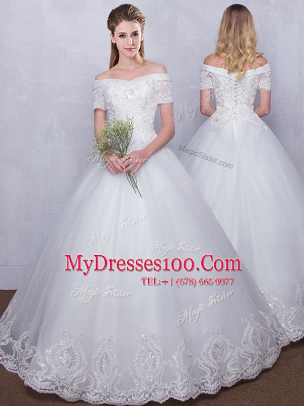 Dazzling Tulle Off The Shoulder Short Sleeves Lace Up Lace Bridal Gown in White