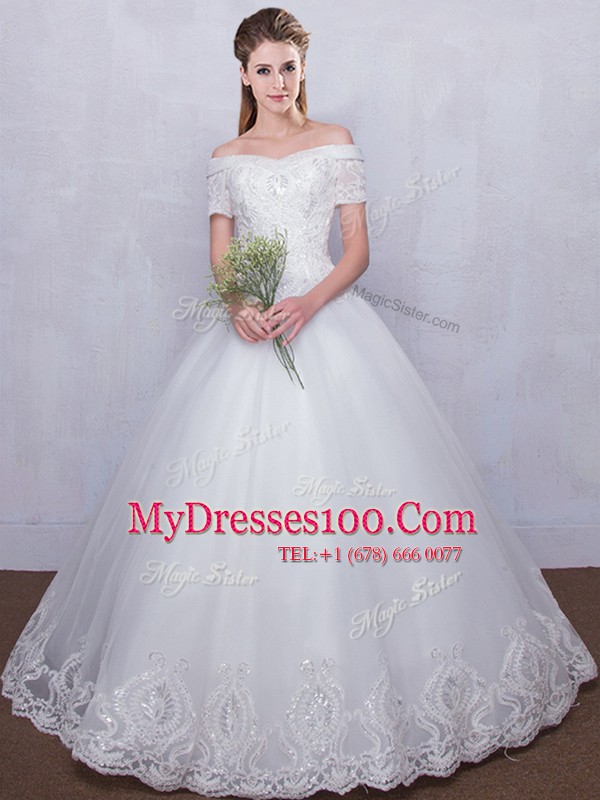 Dazzling Tulle Off The Shoulder Short Sleeves Lace Up Lace Bridal Gown in White