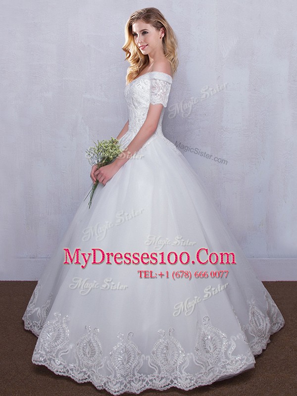 Dazzling Tulle Off The Shoulder Short Sleeves Lace Up Lace Bridal Gown in White