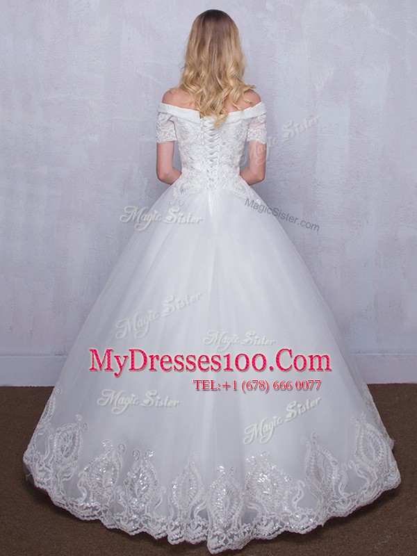 Dazzling Tulle Off The Shoulder Short Sleeves Lace Up Lace Bridal Gown in White