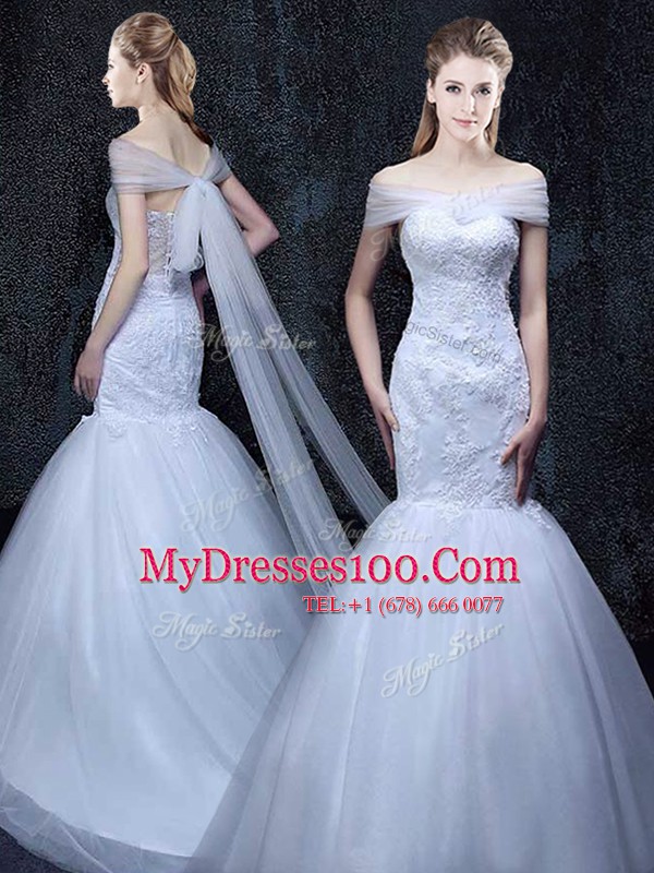 White Mermaid Off The Shoulder Short Sleeves Tulle With Brush Train Lace Up Lace and Appliques Wedding Dress