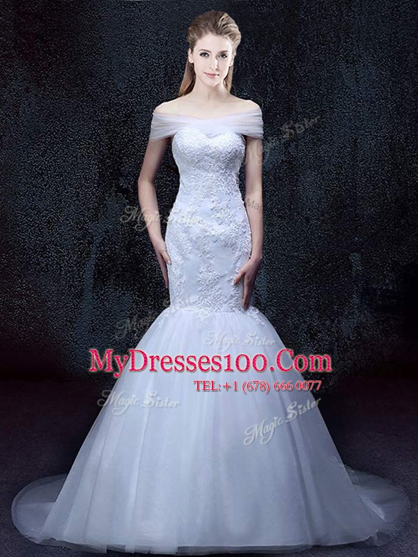 White Mermaid Off The Shoulder Short Sleeves Tulle With Brush Train Lace Up Lace and Appliques Wedding Dress