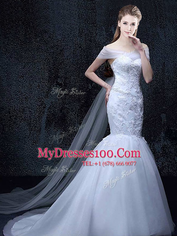 White Mermaid Off The Shoulder Short Sleeves Tulle With Brush Train Lace Up Lace and Appliques Wedding Dress