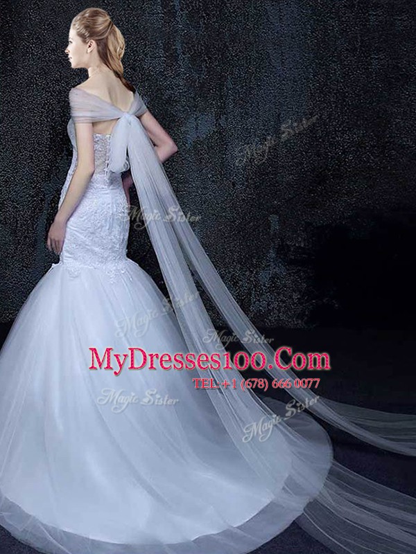 White Mermaid Off The Shoulder Short Sleeves Tulle With Brush Train Lace Up Lace and Appliques Wedding Dress
