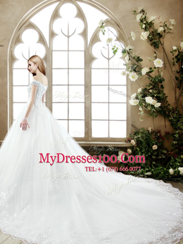 Latest White Lace Up Off The Shoulder Beading and Lace Wedding Gowns Tulle Sleeveless Court Train