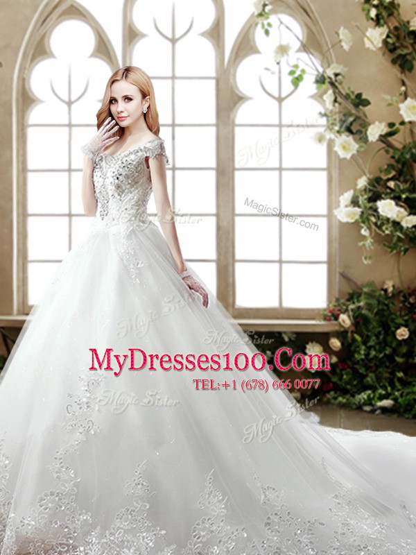 Latest White Lace Up Off The Shoulder Beading and Lace Wedding Gowns Tulle Sleeveless Court Train