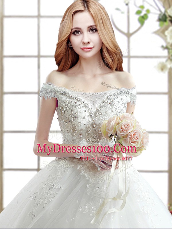 Latest White Lace Up Off The Shoulder Beading and Lace Wedding Gowns Tulle Sleeveless Court Train