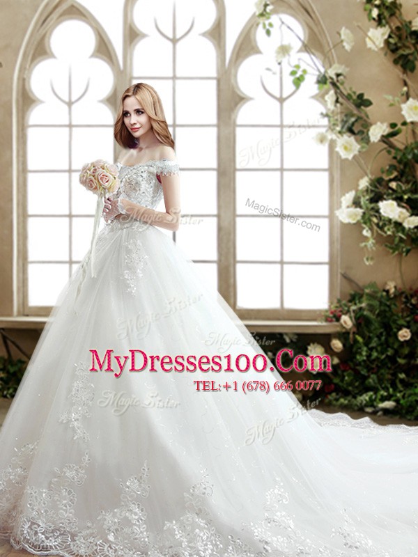 Latest White Lace Up Off The Shoulder Beading and Lace Wedding Gowns Tulle Sleeveless Court Train