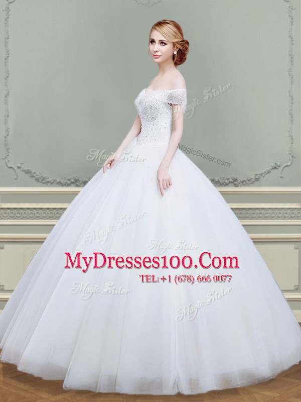 Super Off the Shoulder Tulle Sleeveless Floor Length Wedding Gown and Beading