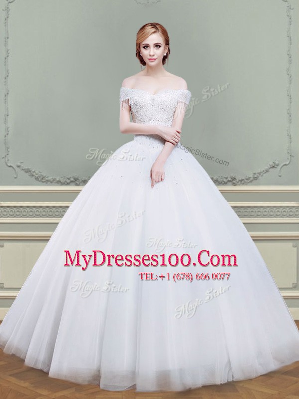 Super Off the Shoulder Tulle Sleeveless Floor Length Wedding Gown and Beading