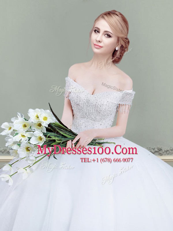 Super Off the Shoulder Tulle Sleeveless Floor Length Wedding Gown and Beading