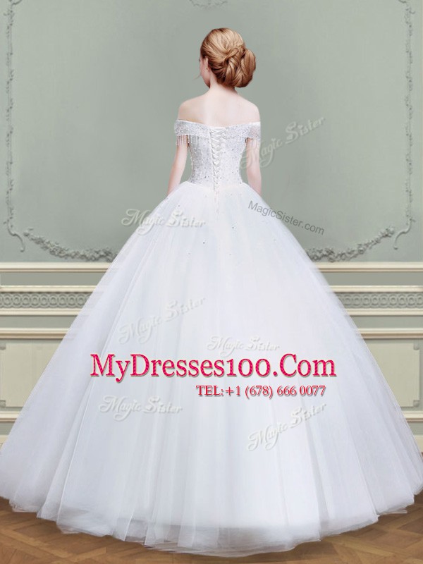 Super Off the Shoulder Tulle Sleeveless Floor Length Wedding Gown and Beading
